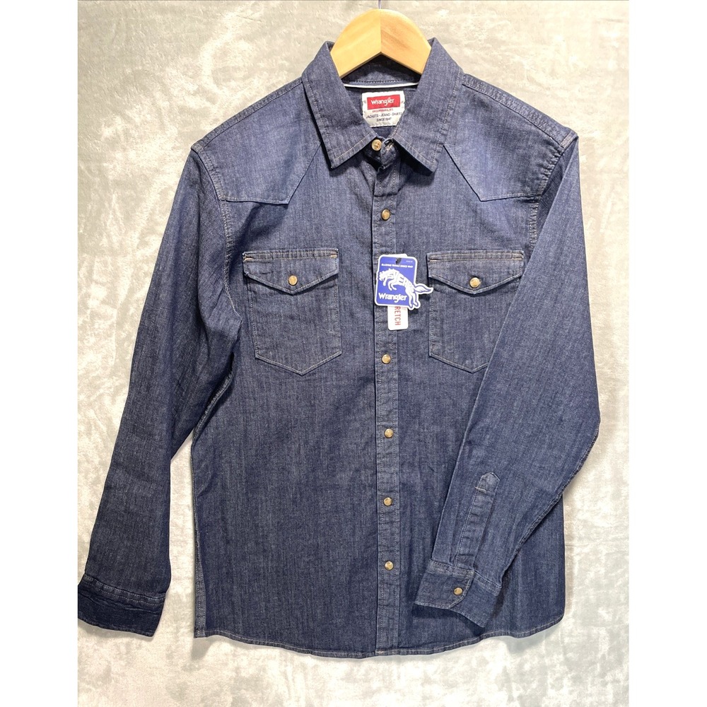 Wrangler Mens Pearl Snap Denim Stretch Long Sleeve Shirt M Cotton Blend Western